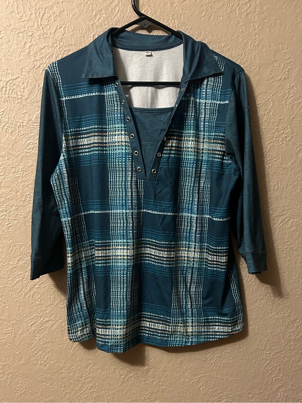 Plaid Teal Long-Sleeve V-Neck Tee